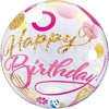 a clear balloon that has pink and gold dots and circles all over with the words happy birthday in gold and pink lettering