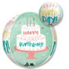 A balloon that is two sided one being white with big letters saying happy birthday and the other being teal with a cake that says happy birthday on it