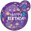 A purple balloon that has planets and the words happy birthday on it