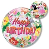 A tropical party balloon that says happy birthday in the center with pink and orange lettering