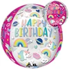 A balloon that has unicorns, rainbows, lips, and hearts with a white background and the other side having a pink background