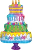 This balloon has a cake on a stand shape with the colors of the rainbow and the words happy birthday on the bottom tier.