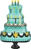 This balloon has the shape of a cake on a stand and has colors of teal gold and black with candles and stars