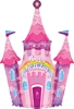 This balloon has the shape of a castle and has colors pink and blue with the words happy birthday over a rainbow