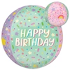 This balloon has 3 different colored sides all with sprinkles on it with 2 sides saying happy birthday