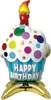 A cupcake shaped birthday balloon that has dots on the white frosting