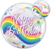 A bubble balloon that has a rainbow stripe on it and unicorns on the back with happy birthday written on the front