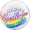 A bubble balloon that has a rainbow stripe on it and unicorns on the back with happy birthday written on the front