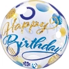 A balloon that has blue and gold dots and circles all over and it says happy birthday in blue and gold lettering