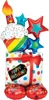 A gift, cupcake, and stars all stacked into on balloon with rainbow colors