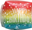 A cube shaped balloon that has happy birthday written in white lettering with a rainbow background