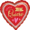 This balloon has a heart shape with a gold and teal borger and says Te Quiero with pink hearts around it