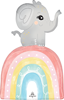 Gray cartoon elephant with pink cheeks standing on colorful rainbow with pink yellow green and blue arches and Anagram logo
