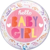 This clear Bubble balloon features the message Hello Baby Girl surrounded by bright confetti and streamers