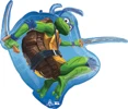 This balloon has the shape of the ninja turtle leonardo and has colors of blue as the background