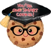 This balloon has the shape of a cookie wearing a grad cap and the cap says You're One Smart Cookie