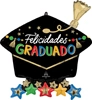 This balloon has the shape of a grad cap with stars underneath it and has the words Felicidades Graduado with a gold tassel