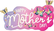 This balloon has a fun shape with butterflies and dots on it and the words Happy Mother's Day in the middle