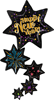 This balloon is shaped as multiple connected black stars with multicolored bursts and the seasonal text Happy New Year.