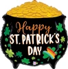 This balloon has the shape of a pot of gold with the words Happy St Patricks Day surronded by clovers