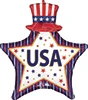 A star shaped balloon that has a hat on top and says USA in the middle