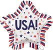 a star shaped balloon that has a star shape and says USA with frienge coming from it. It also has Red and blue stars