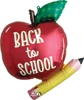 A apple and pencil shaped balloon that has back to school written on it