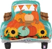 This balloon has a truck shape and has pumpkins and sunflowers in the bed of the truck